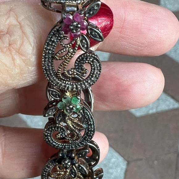 ANTIQUE VINTAGE MULTI GEM EMERALD SAPPHIRE PAVE DIAMOND 925 STERLING BRACELET